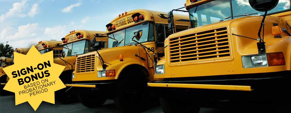 Front of a line of school buses; Sign-on bonus based on probationary period